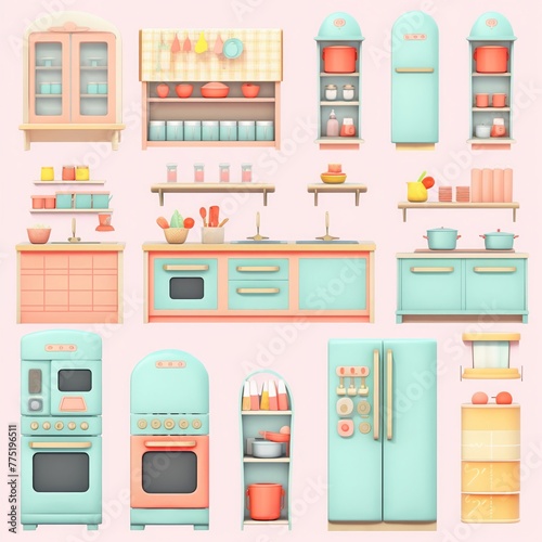 a set of kitchen, isolated background, pastel, object, commercial