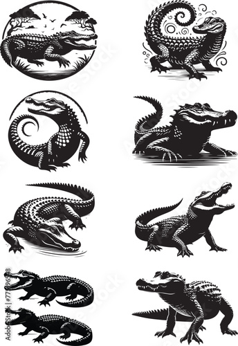 alligator silhouette  black color . white color background 