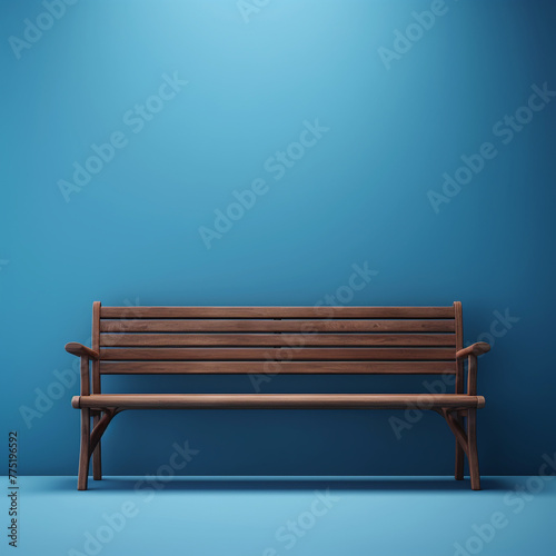 Wooden seating bench blue backround сreated with Generative Ai