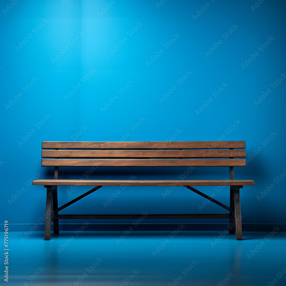 Wooden seating bench blue backround сreated with Generative Ai Wooden seating bench blue backround сreated with Generative Ai