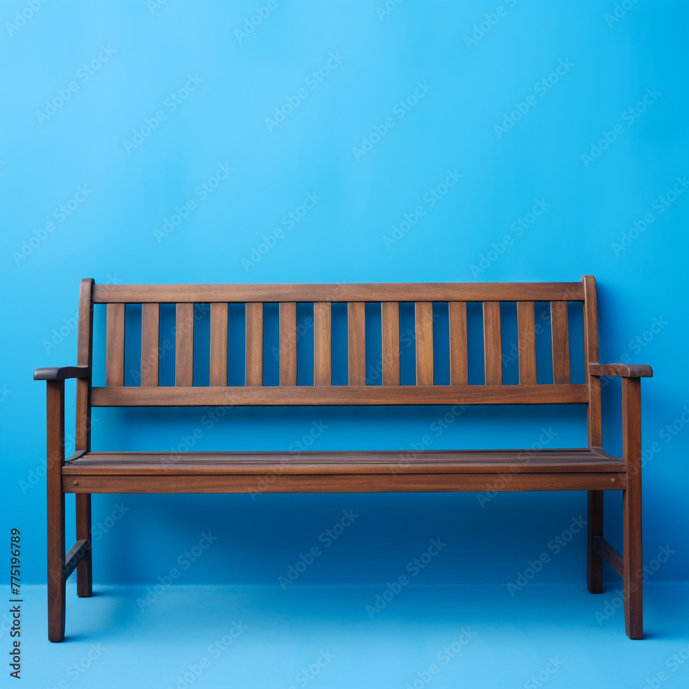 Wooden seating bench blue backround сreated with Generative Ai Wooden seating bench blue backround сreated with Generative Ai