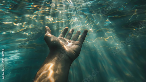 Underwater view of a hand reaching out towards sunlight