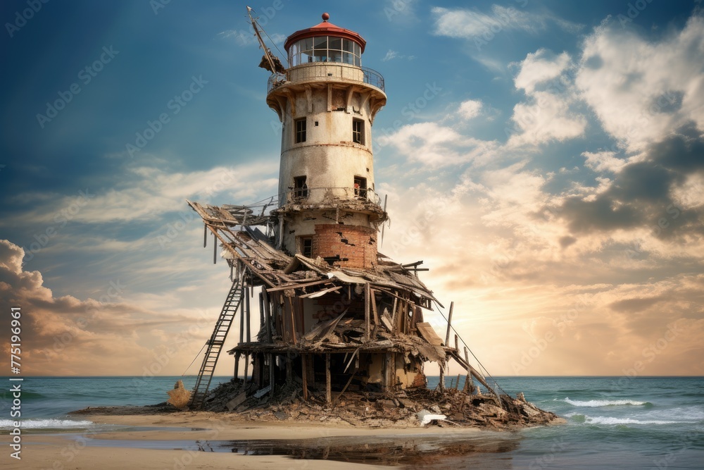 Construction of a  lighthouse, Construction of a coastal lighthouse, role and mystique of lighthouse on an island,AI generated