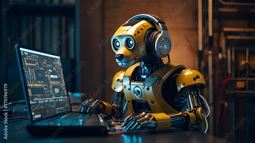 robot with laptop. Robot with headphones using laptop. a robot dog with headphones and a circuit board.