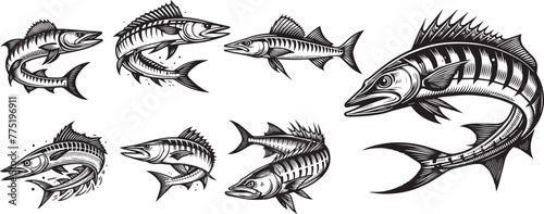 A collection of black and white vector illustrations of barracuda fish