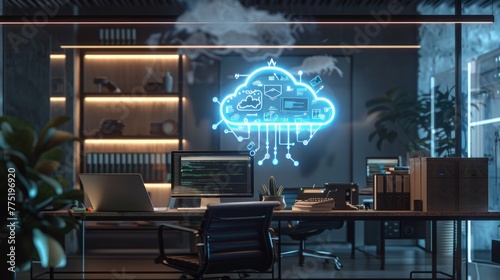 In a dimly lit office, a holographic cloud network updates, connecting devices on a minimalist desk setup, 3D illustration