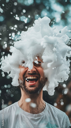 Man with exploding foam on his head