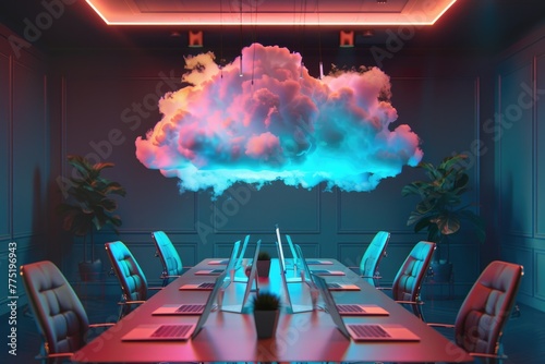Holographic clouds above an office meeting table, syncing presentation slides across laptops in dim light, 3D illustration