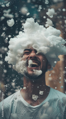 Man with foam exploding around his head