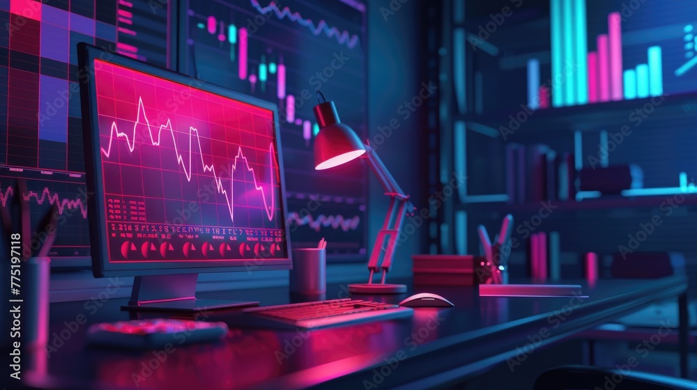 The vibrant pulse of the crypto market captured in real-time charts, under the glow of a single desk lamp, 3D illustration - obrazy, fototapety, plakaty 