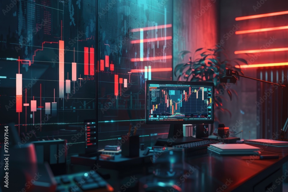 A cryptographer's den, where the pulse of the market is visualized in hyper-realistic charts under dim light, 3D illustration