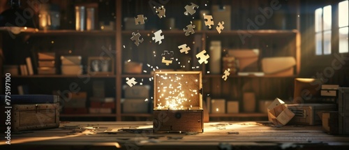 The final puzzle piece falls into place in an idea box, illuminating a dark workshop with a burst of inspiration, 3D illustration photo