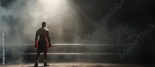 A boxer stands alone in the mist-filled ring, under a single dim spotlight, reflecting on his journey, 3D illustration