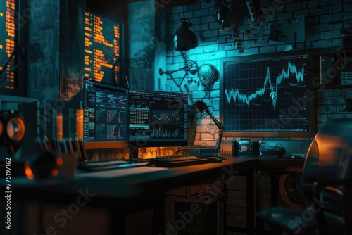 A cryptographer's den, where the pulse of the market is visualized in hyper-realistic charts under dim light, 3D illustration photo