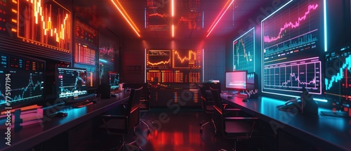 A dimly lit office with vibrant crypto charts painting the walls, pulsating with the market's heartbeat, 3D illustration