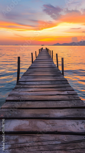 Wooden pier at sunset with colorful sky and calm sea