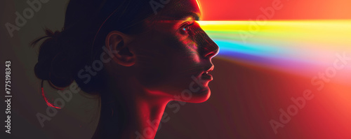 Profile of a woman with rainbow light on face