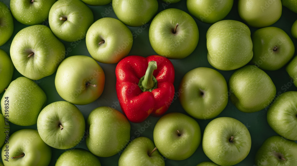 Red bell pepper among green apples Red bell pepper among green apples