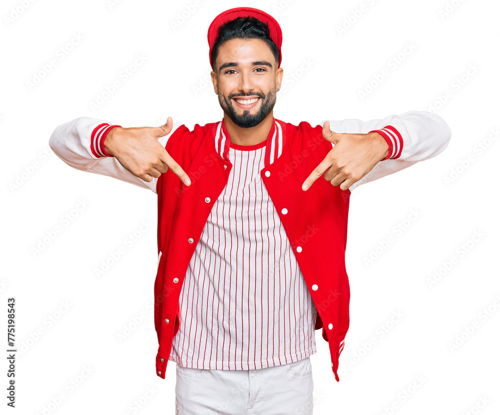 Young man with beard wearing baseball uniform looking confident with smile on face, pointing oneself with fingers proud and happy. Young man with beard wearing baseball uniform looking confident with smile on face, pointing oneself with fingers proud and happy.