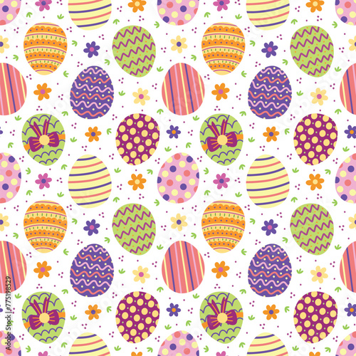 Funky Easter Eggs on White Seamless Pattern Design