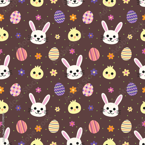 Easter Bunnies and Easter Chicks Cartoon on Brown Seamless Pattern Design
