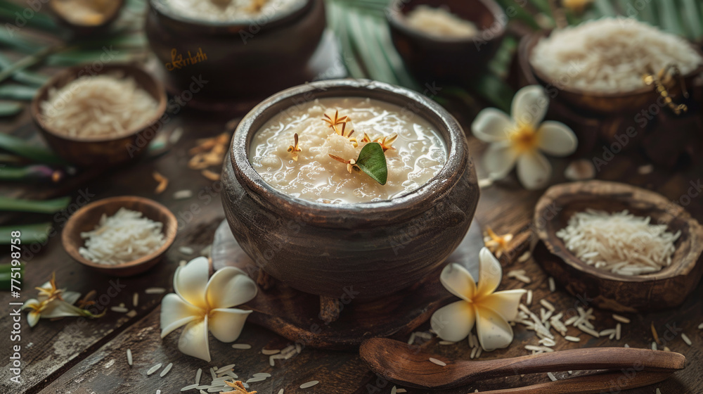 Clay pot with Kiribath on a rustic table, surrounded by coconut milk, rice, and frangipani flowers for Sinhalese New Year.