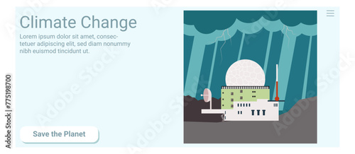 Weather station and storm, extreme weather. Climate change. Flat vector illustration. Rectangular banner.
