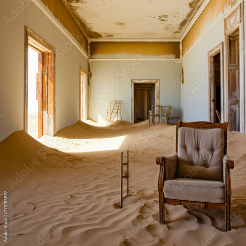 lifestyle photo Namibia Kolmanskop with furniture in sand.