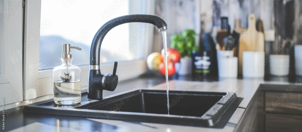 Black sink, faucet, and water bottle