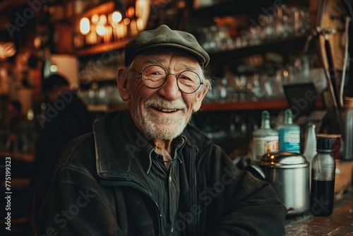 Portrait of an old man sitting in a pub and smiling.