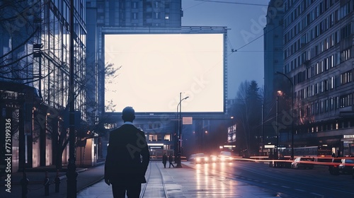 A man stands on the street with a blank billboard in the middle of the city. © B.Panudda