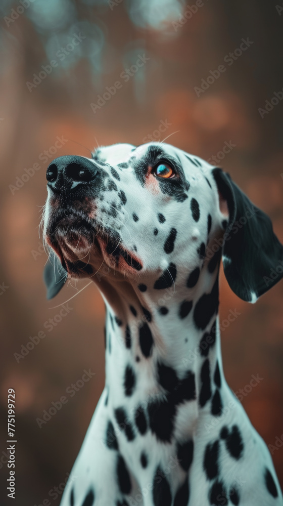 Close-up of a dalmatian dog looking up