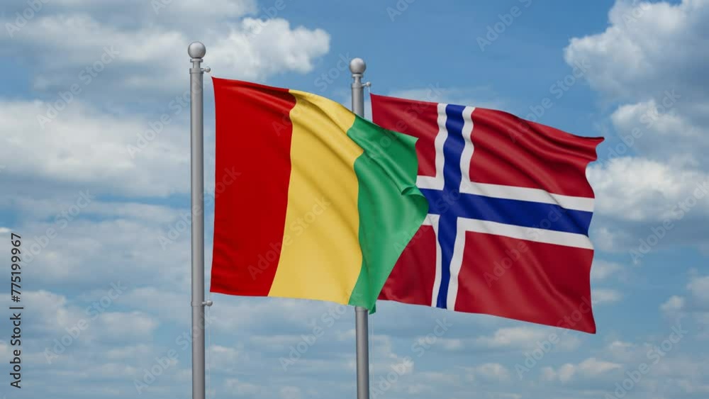 Norway and Republic of Guinea two flags waving together, looped video, two country relations concept Norway and Republic of Guinea two flags waving together, looped video, two country relations concept