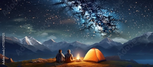 Back view of young couple tourists having a rest at campfire near glowing tent under night sky full of stars and Milky way. photo