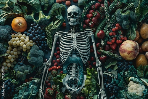 A digital illustration of a human anatomy surrounded by lush green vegetables and fruits, emphasizing the importance of nutrition and a balanced diet for optimal bodily health