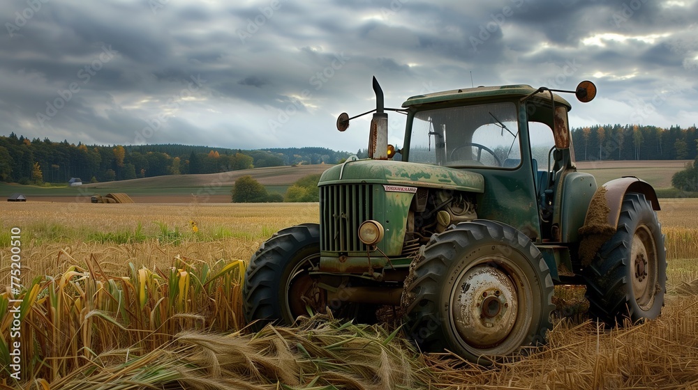 Fototapeta premium Agricultural vehicles, tractors, harvesting rice crops background in the rice fieldใ