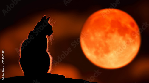 Silhouette of a cat with a full moon background