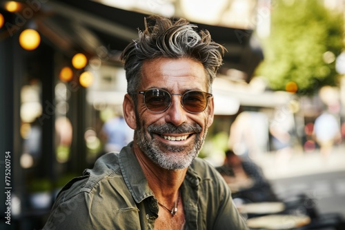 Portrait of a handsome middle aged man with sunglasses smiling at the camera