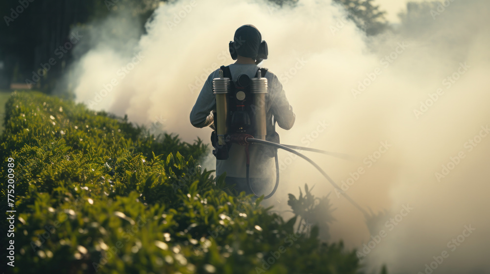 Applying Insecticide Farmer applying insecticide products on potato crop, Abundant green ...