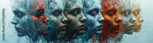A collection of surreal faces that reflect and merge with one another, creating an abstract composition that encourages introspection and contemplation of self awareness photo
