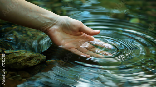 Hand touching calm water surface creating ripples