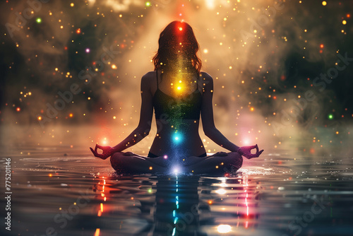 Woman meditating in lotus position with chakras background, exercising relaxation healthy lifestyle sport