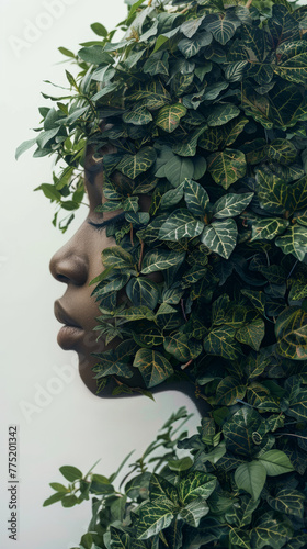 Portrait of a woman with leaves covering her face