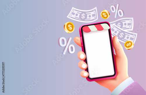 Smart shop phone wallet services, cash back online, web banner. Vector illustration