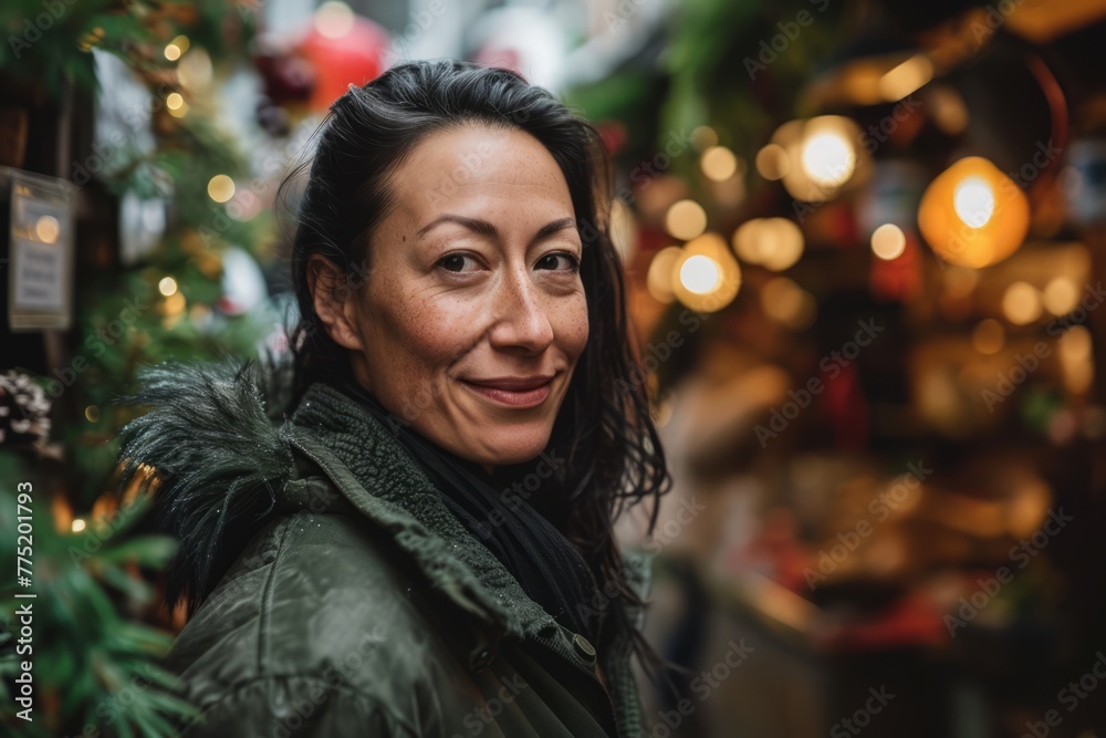 Portrait of a smiling woman at christmas market in european city Portrait of a smiling woman at christmas market in european city