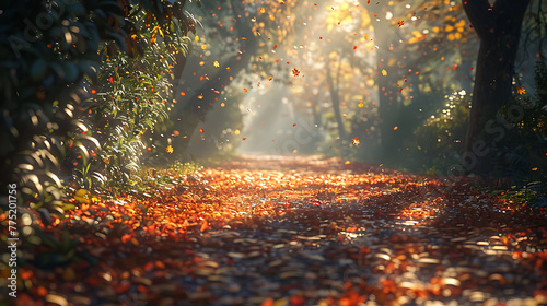 A sun-dappled forest path carpeted with fallen leaves © Be Naturally