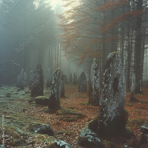 Druidic Circles Standing Silent in a Forest Clearing The stones blur into a sacred space