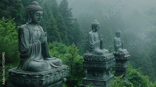 Bodhisattva Statues in Misty Mountain Temples The figures blur into the mist