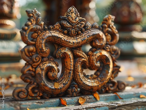 Hindu Om Symbol Adorning a Temple Entrance The sacred sounds representation blends into the structure photo