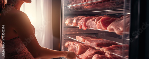 Woman taking out a raw meat from refrigerator. Cooled meat preaperd for cooking photo